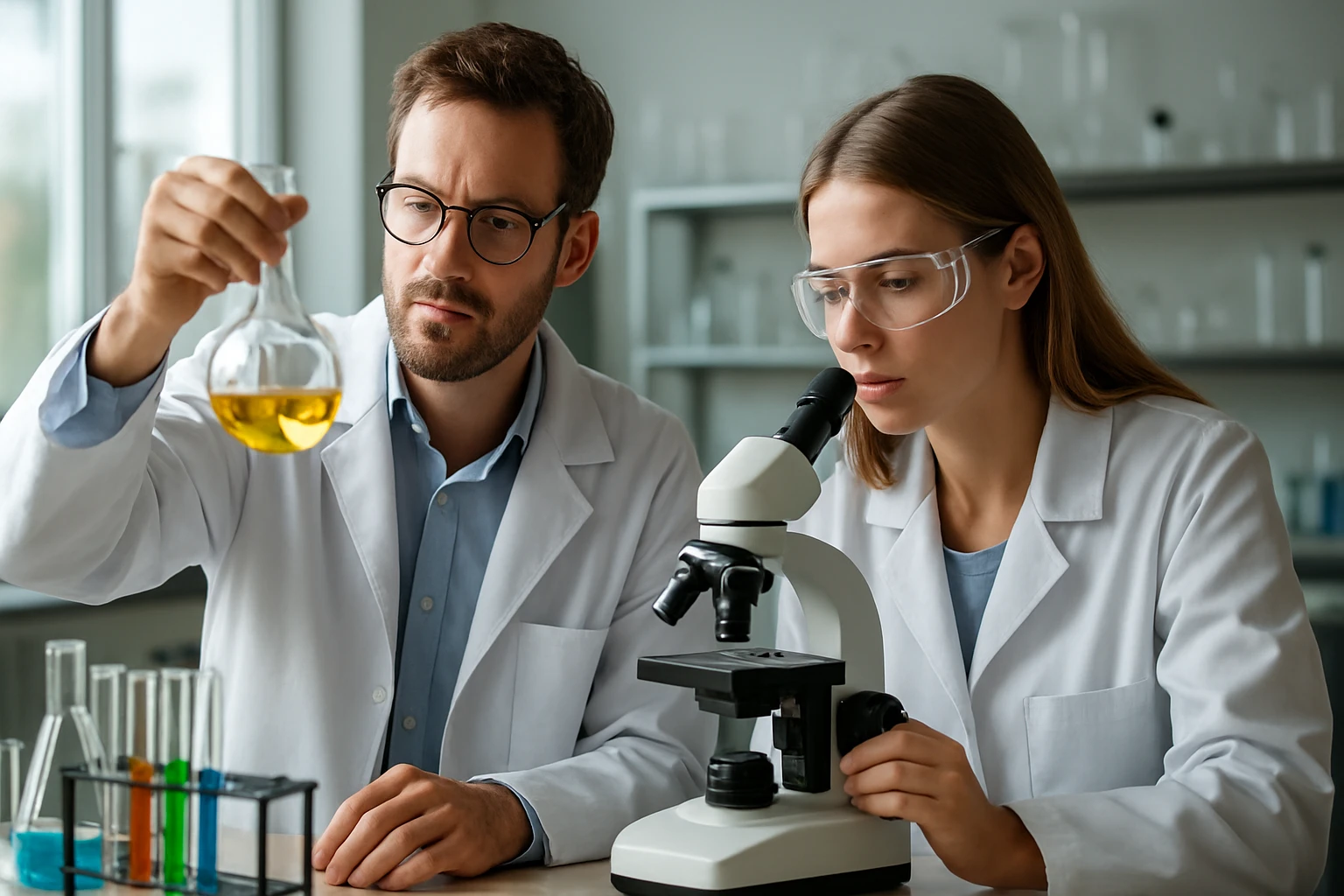 Két kutató híg oldattal dolgozik laboratóriumban, mikroszkóppal.