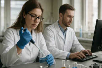 Két kutató laboratóriumban, lítium-alumínium-hidrid kémiai kísérlet során.