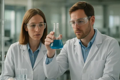 Laboratóriumi kísérlet lítium-kloriddal, kémiai kutatás közben.