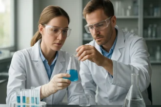 Két tudós laboratóriumi kísérletet végez hexaklórbenzollal.