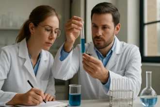 Két kutató laboratóriumban kémiai vizsgálatokat végez.