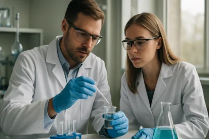Két kutató laborban kémiai kísérletet végez