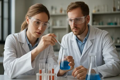 Két kutató laboratóriumi kísérletet végez egy kémiai anyaggal.