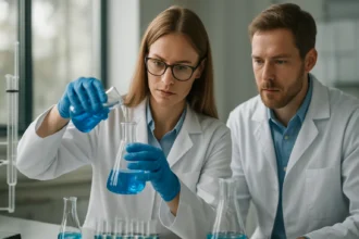 Két tudós laboratóriumban, kék folyadékkal végzik a kísérleteiket.