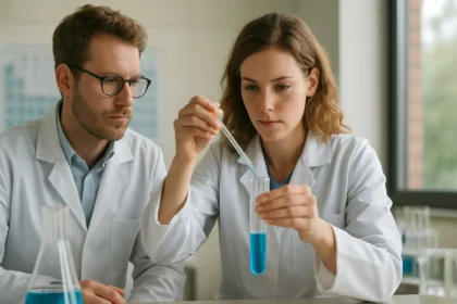Kémikusok hexaklór-ciklohexán kísérlet közben a laborban.