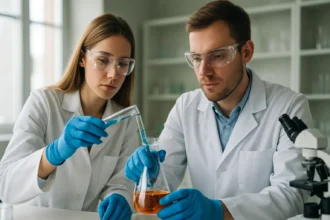 Két kémikus laboratóriumban vizsgálja a lobbanási hőmérsékletet.