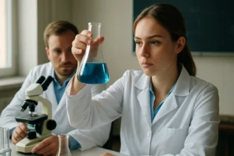 Tudósok laboratóriumban oxigénindex mérést végzően.