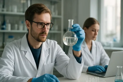 Kémiai laboratóriumban dolgozó tudósok lombikokkal