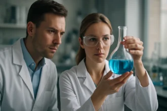 Két kutató laboratóriumban hexametilén-diamint vizsgál.