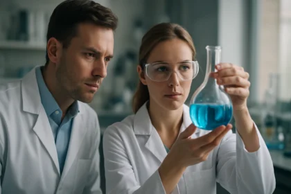 Két kutató laboratóriumban hexametilén-diamint vizsgál.