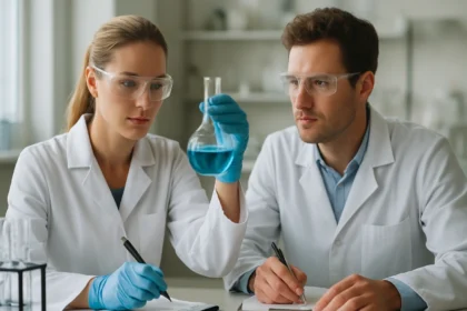 Két tudós laboratóriumban lúgos tisztítószerek hatását vizsgálja.