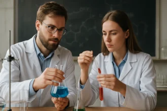 Laboratóriumi kísérletezők hexametilén-tetramin kutatás közben