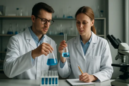 Két tudós kémiai kísérletet végez laboratóriumban.