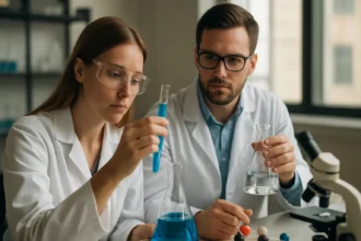 Két kémikus laboratóriumban kémiai kísérletet végez.