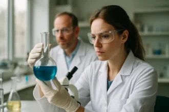 Laboratóriumi kísérlet során két tudós elektromos molekulák vizsgálata