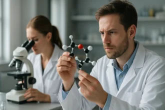 Kémikusok a laborban, krómvegyületek molekuláris szerkezetének vizsgálata.