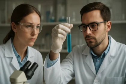 Két kutató magnalium ötvözetet vizsgál egy laboratóriumban.