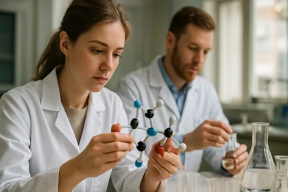 Laboratóriumi kutatók molekulamodellek vizsgálata kémiai kutatás során