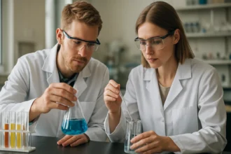 Két tudós laboratóriumban kémiai kísérletet végez pH indikátorral.