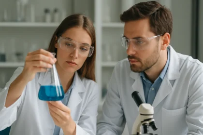 Két kutató laboratóriumban kémiai kísérletet végez