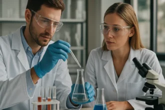 Két kutató laboratóriumban, magnézium-oxid kísérlet közben.