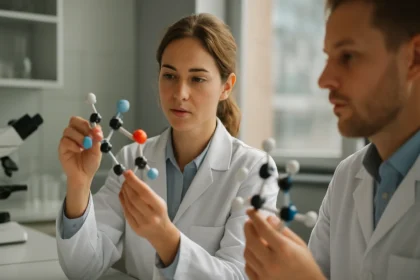 Kutatók magnézium-glutamát molekulákat elemeznek laboratóriumban.