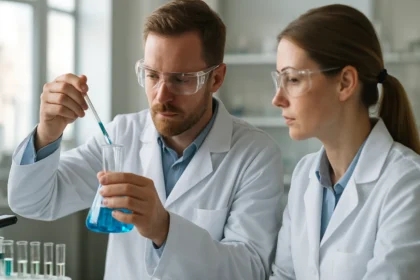 Két kutató kémiai kísérletet végez a laboratóriumban.