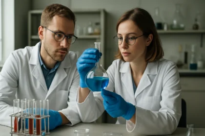 Két kutató kémiai reakciót vizsgál laboratóriumban