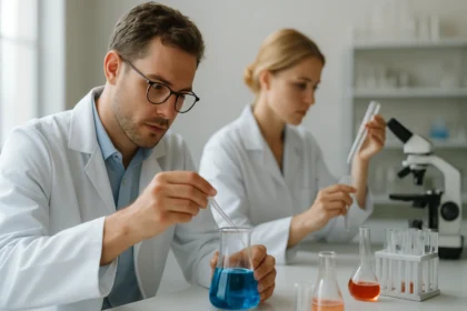 Két kémikus laboratóriumi kísérletezés közben különböző anyagokkal.