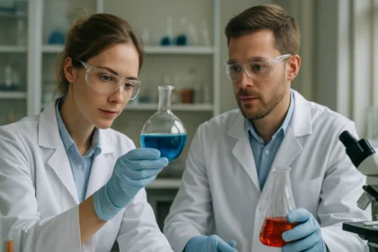 Két kémikus laboratóriumban kísérletezik különböző vegyületekkel.