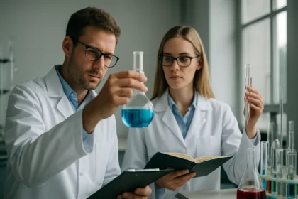 Két kutató kémiai analízist végez laborkörnyezetben