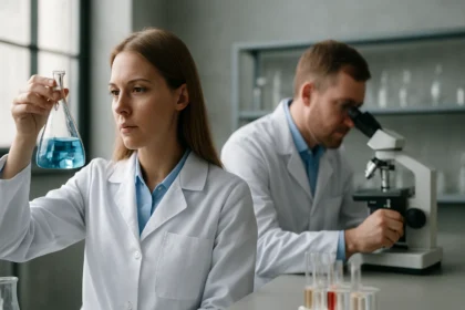 Két kutató laboratóriumban, makromolekulák vizsgálata és röntgendiffrakció