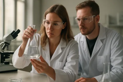 Két tudós kémiai kísérlet során malát-iont vizsgálnak laboratóriumban