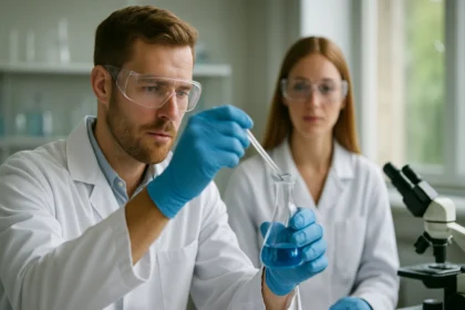 Kutatók almasav sókat vizsgálnak laboratóriumban.