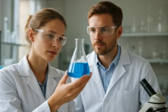 Két tudós mandulasavval kapcsolatos kísérletet végez a laborban.