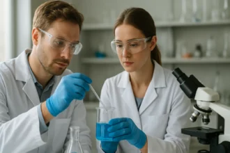 Két tudós kémiai kísérletet végez a laboratóriumban.