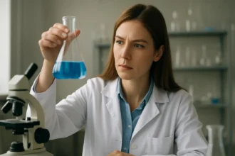 Kémikus kék folyadékot vizsgál egy kémcsőben laboratóriumban