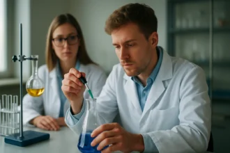 Két kémikus laboratóriumban mangán-heptoxid vizsgálata közben.