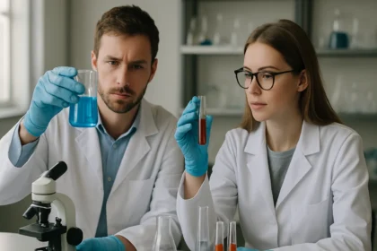 Két kutató kémiai anyagokat vizsgál laboratóriumi környezetben.