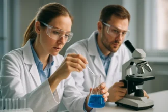 Kémikusok mangán-monoxiddal foglalkoznak laboratóriumban.