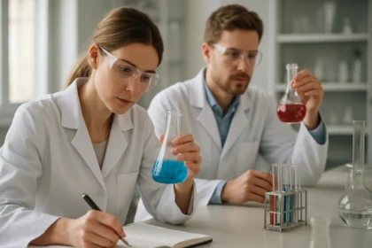 Két kémikus laboratóriumban mangán-oxidokkal végzett kísérletet