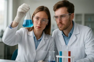 Két kutató kémiai kísérletet végez laboratóriumban, kék oldattal.