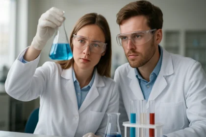 Két kutató kémiai kísérletet végez laboratóriumban, kék oldattal.