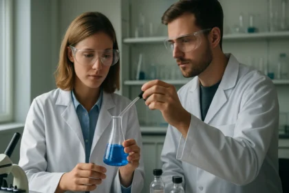 Két kutató mangánvegyületek kémiai reakcióit elemzi laboratóriumban