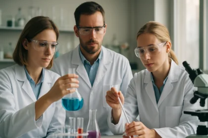 Kémiai kísérletezők mannit vizsgálata laboratóriumban.