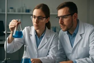 Két tudós laboratóriumi kísérletet végez hexanaftilénnel