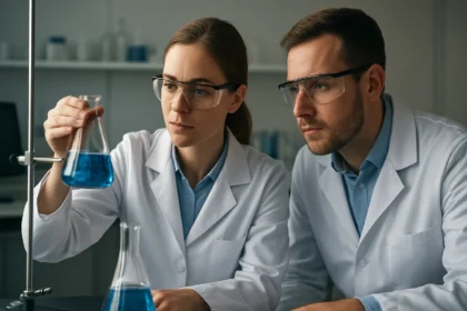 Két tudós laboratóriumi kísérletet végez hexanaftilénnel