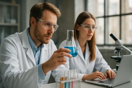 Két kutató laboratóriumban, kálium-hidroxidot vizsgálva.