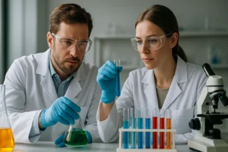 Két tudós laboratóriumban nátrium-hidroxidot vizsgálnak.