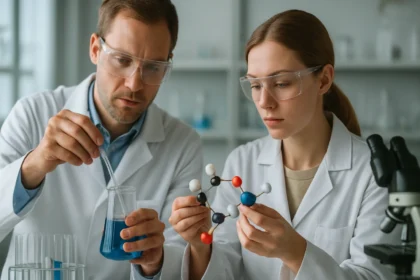 Két tudós a laboratóriumban, kromatográfiás kísérletek végzésével.